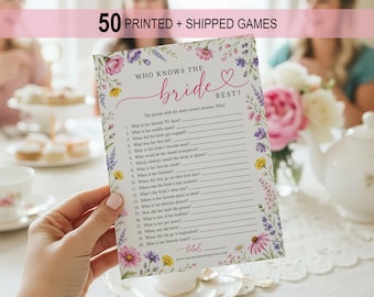 50 Printed Who Knows the Bride Best Bridal Shower Game, Wedding Shower Game, Fun Bride Trivia Card, Wildflower Garden Theme