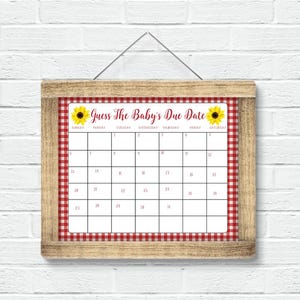 Op de afbeelding: Een printbaar babyshower-spel met een rood-witte ruitjesachtergrond. Het spel heet "Raad de uitgerekende datum van de baby" en bevat een kalender met zonnebloemen aan beide kanten.