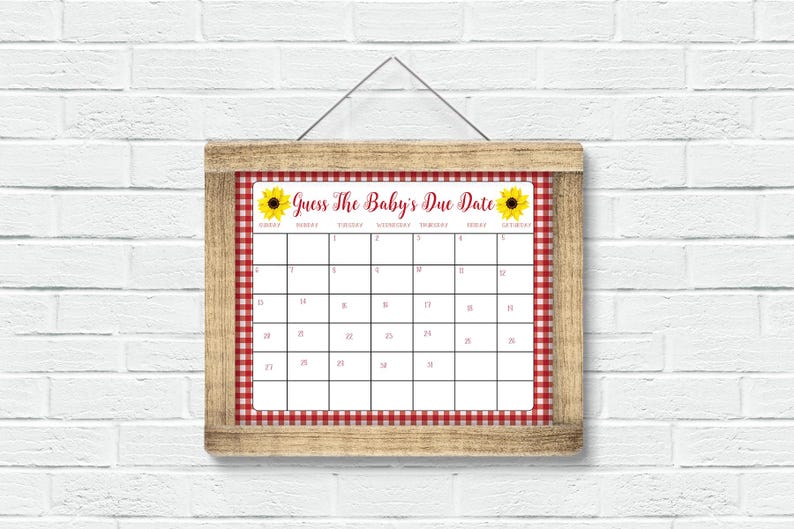 Op de afbeelding: Een printbaar babyshower-spel met een rood-witte ruitjesachtergrond. Het spel heet "Raad de uitgerekende datum van de baby" en bevat een kalender met zonnebloemen aan beide kanten.