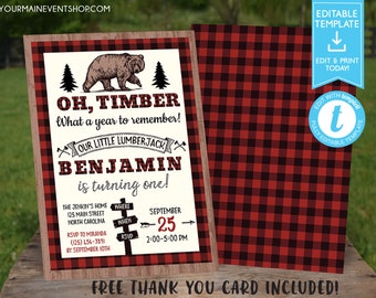 Lumberjack Invitation, Bear Lumberjack Birthday Invitation, Red Flannel Invitation, Birthday, Lumber Jack Woodland Invite Printables