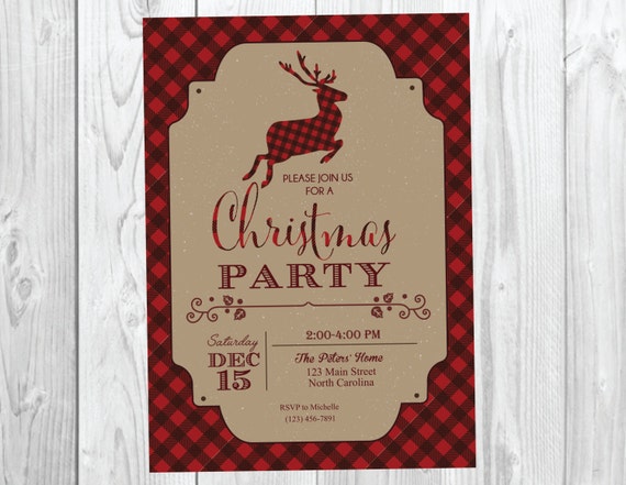 Rustic Christmas Party Invitation / Plaid Flannel Reindeer Holiday Printable Invite Il_570xn
