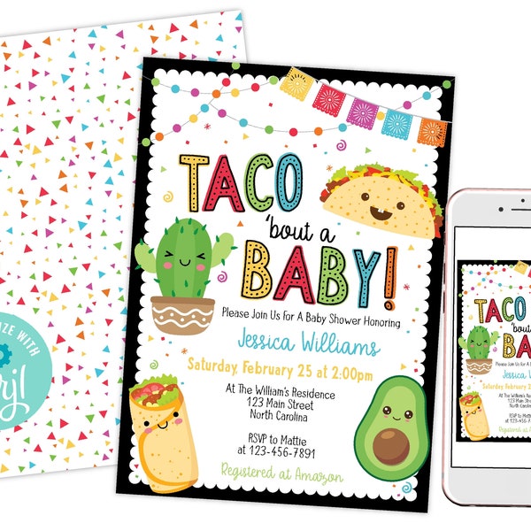 Fiesta Taco Bout A Baby Shower Invitation, Drive By Virtual Zoom Evite Invite, DIY Instant Download Template