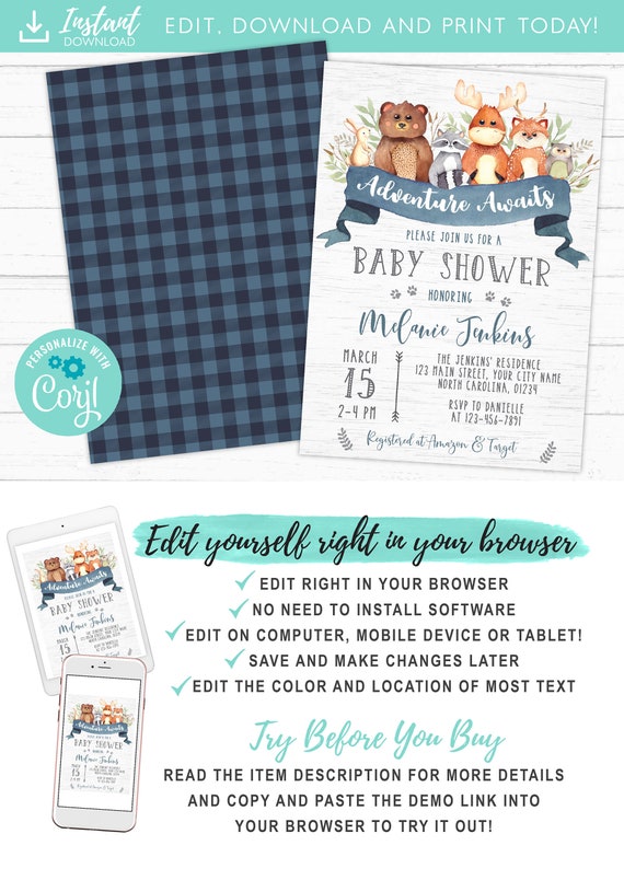 Woodland Little one Shower Invitation Printable Forest Pets Boy graphic regarding Moose Template Printable identify Woodland Youngster Shower Invitation Printable Forest Pets Boy
