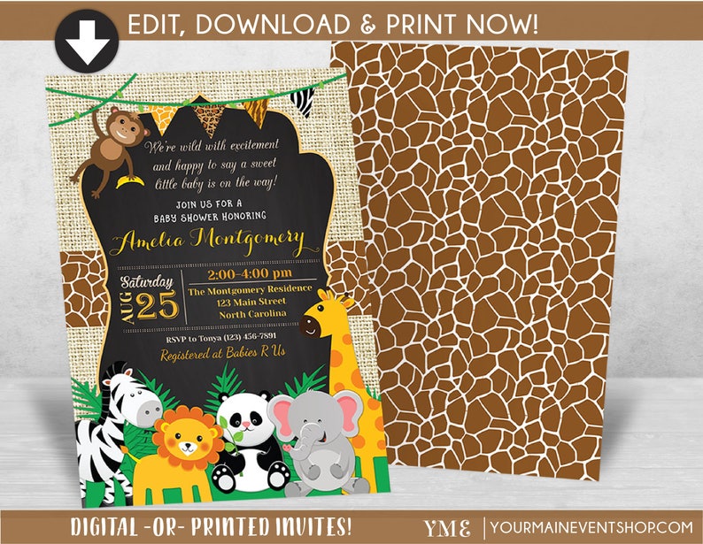 Jungle Safari Baby Shower Invitation Jungle Shower Invites Safari Animal Invitation Neutral Baby Shower Party Instant Download image 1