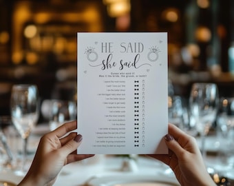Printed Bridal Shower Game: He Said She Said Bride and Groom Trivia Wedding Activities