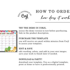 May include: A printable "Guess the Baby's Due Date" calendar with a colorful Mexican fiesta theme. The calendar is decorated with a festive banner, avocados, and tacos. The text "EDIT YOURSELF IN CORJL" is in a circle at the top of the image.