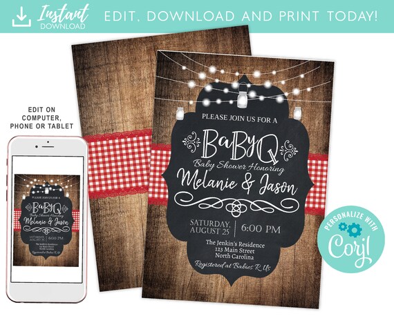 BabyQ Baby Shower Invitation, Country Baby BBQ invite, Baby Sprinkle, Sunflowers, Country, Rustic, Spring, Summer, Fall, DIY Printable Il_570xn
