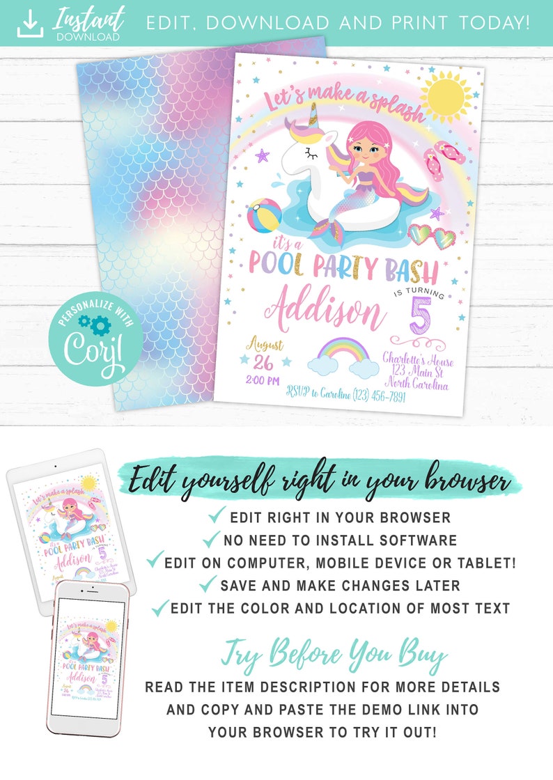 Unicorn Mermaid Pool Party Invitation Pool Party Birthday Etsy