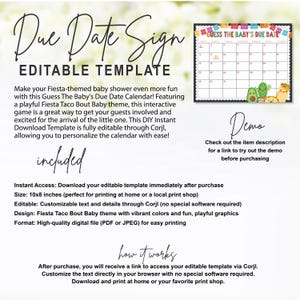May include: Editable printable sign for a baby shower with a fiesta theme. The sign features a calendar with a cactus and avocado design. The text on the sign reads "Guess the Baby's Due Date".