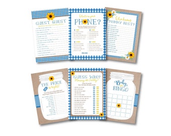 Blue Baby BBQ Baby Shower Games, Sunflower Country Barbeque BabyQ, Bingo, Price Is Right, Who Knows Momma, Find The Guest, Instant Download