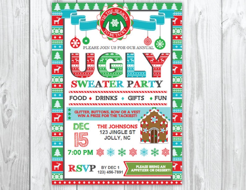 Ugly Sweater Christmas Party Invitation Tacky Christmas Party Instant Download image 1