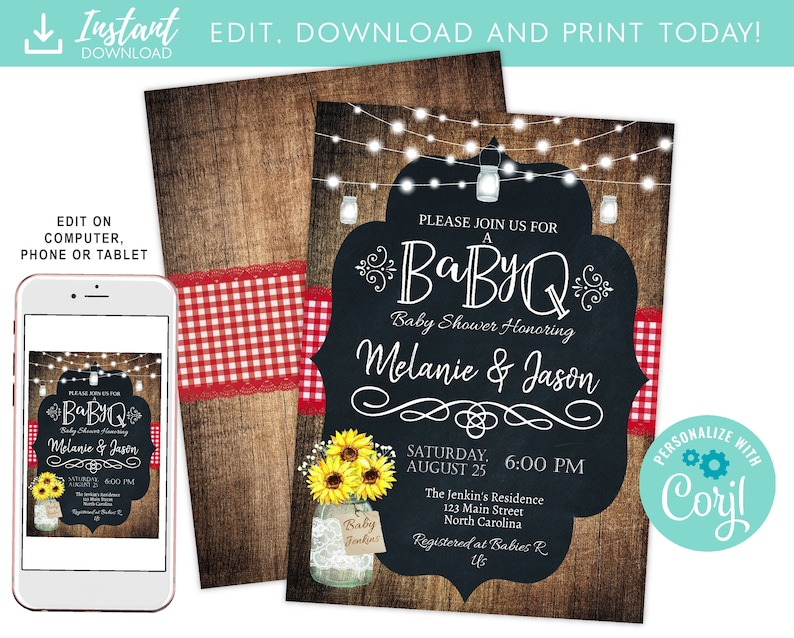 BabyQ Baby Shower Invitation, Country Baby BBQ invite, Baby Sprinkle, Sunflowers, Country, Rustic, Spring, Summer, Fall, DIY Printable 