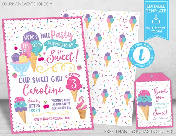 Ice Cream Party Invitation, Ice Cream Birthday Invitation, Ice Cream Social Invitation, Ice Cream Thank You Tags Instant Download Templett Il_570xn