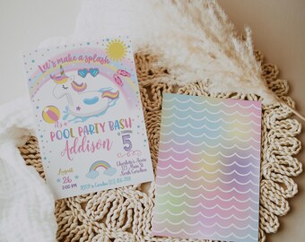 May include: A colorful invitation for a pool party with a unicorn design. The invitation says "Let's make a splash it's a pool party bash Addison is turning 5 August 26 2:00 PM Charlotte's House 123 Main St North Carolina (23) 456-7890"