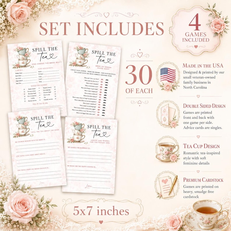 Op de afbeelding: Een set van vier vrijgezellenfeestspellen met een theekopjesontwerp. De spellen bevatten "Spill the Tea"-kaarten, met 30 van elk spel. De kaarten zijn 12,7 x 17,8 cm en gedrukt op premium karton.