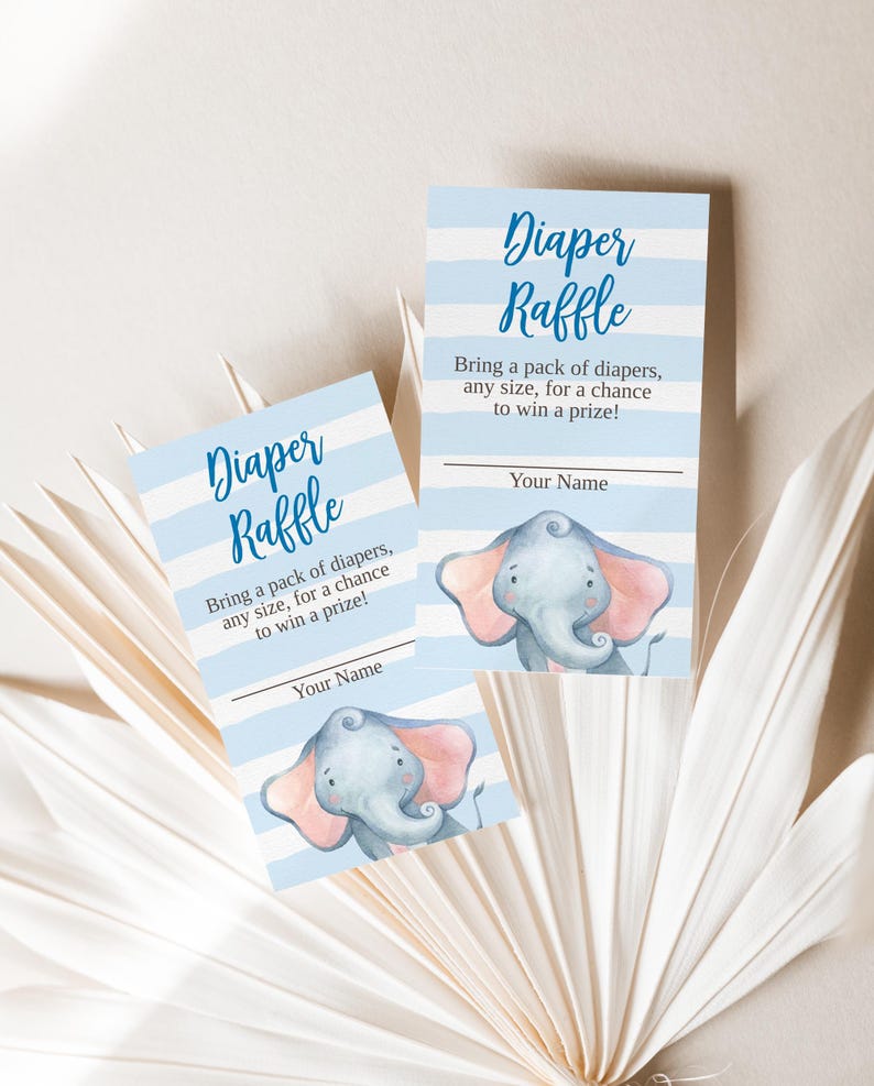 May include: Two baby shower raffle cards with blue and white striped backgrounds. The cards feature the text "Diaper Raffle" and "Bring a pack of diapers, any size, for a chance to win a prize!" An illustration of a gray elephant with pink ears is also present.