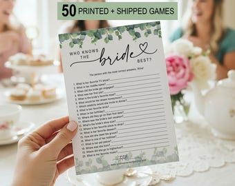 50 Printed Who Knows the Bride Best Bridal Shower Game, Wedding Shower Game, Fun Bride Trivia Card, Eucalyptus