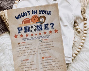 All Star Sports Baby Shower Game What's In Your Phone Instant Download, Football Baseball Basketball