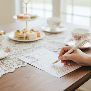 Op de afbeelding: Een theefeestje met een witte en gouden pen die schrijft op een papier met de tekst "Spill the Tea". Theekopjes en schotels met roze rozenontwerpen staan op de tafel, samen met een etag&egrave;re met gebak.