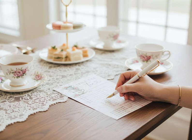 Op de afbeelding: Een theefeestje met een witte en gouden pen die schrijft op een papier met de tekst "Spill the Tea". Theekopjes en schotels met roze rozenontwerpen staan op de tafel, samen met een etag&egrave;re met gebak.