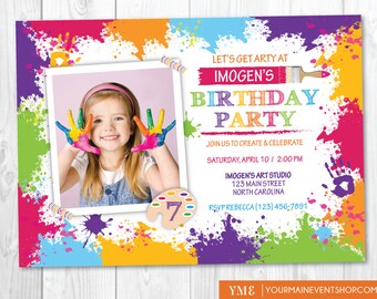 Art Party Invitation - Rainbow Craft Paint Birthday Invite With Photo - Arty Party Printable Digital Invitation