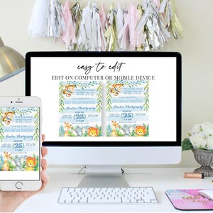 May include: A digital preview of a baby shower invitation with a blue and green jungle theme. The invitation features a monkey, lion, elephant, and giraffe. The text on the invitation reads "Baby Shower" and "Austin Montgomery" with the date "August 25".