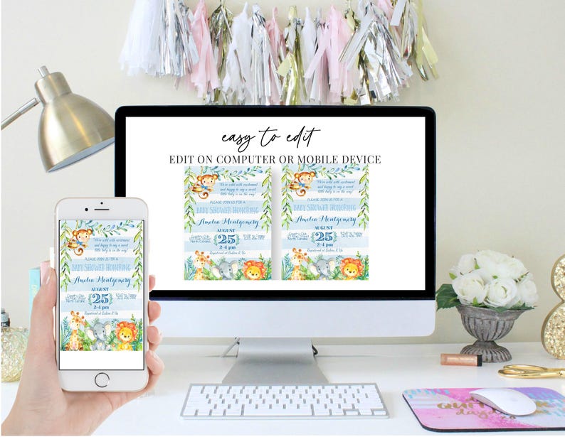 May include: A digital preview of a baby shower invitation with a blue and green jungle theme. The invitation features a monkey, lion, elephant, and giraffe. The text on the invitation reads "Baby Shower" and "Austin Montgomery" with the date "August 25".