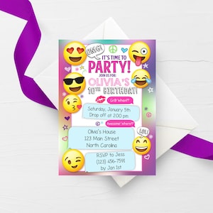 Verjaardagsuitnodiging voor feestje met emoji | Uitnodiging voor emoji-feestje | Emoji-uitnodiging meisjes | Sleepover sms'en verjaardagsuitnodigingen | Bedankkaart