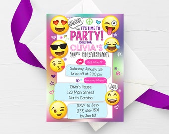 Emoji Party Birthday Invitation, Emoji Party Invite, Girls Emoji Invitation, Sleepover Texting Birthday Invites, Thank You Card