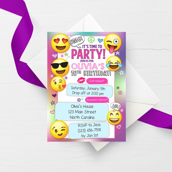Emoji Party Birthday Invitation, Emoji Party Invite, Girls Emoji Invitation, Sleepover Texting Birthday Invites, Thank You Card