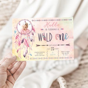Dreamy Wild One Tribal Birthday Invitation With Photo, Boho Arrow and Feathers