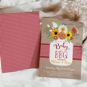 May include: A baby shower invitation with a red and white gingham background. The invitation features a mason jar with flowers and the text "Join us for a Baby BBQ Honoring Melanie & Roger Saturday, May 14 at 2:00pm The Residence 123 Main Street, May North Carolina RSVP to Mama 123-456-7891 by May 1 Registered at Babies & Target"