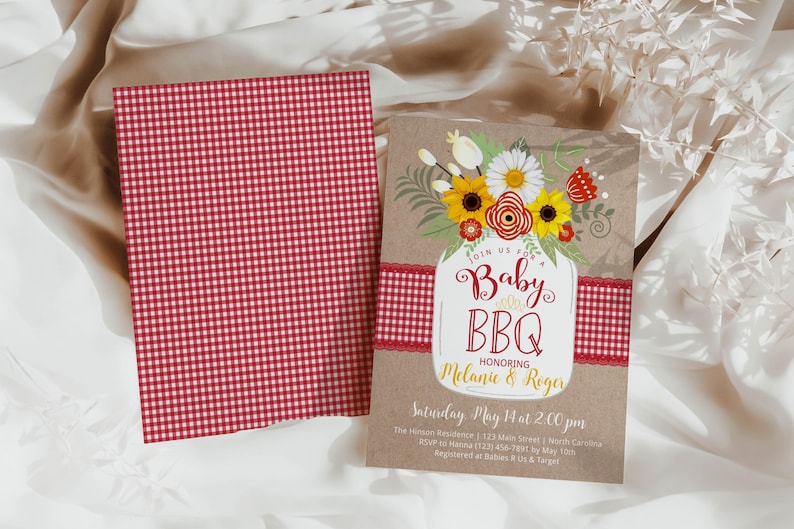 May include: A baby shower invitation with a red and white gingham background. The invitation features a mason jar with flowers and the text "Join us for a Baby BBQ Honoring Melanie & Roger Saturday, May 14 at 2:00pm The Residence 123 Main Street, May North Carolina RSVP to Mama 123-456-7891 by May 1 Registered at Babies & Target"