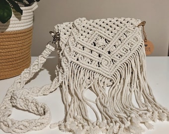 Handmade Macrame Crossbody Bag with Fringe | Boho Cotton Shoulder Bag | Natural Woven Festival Purse