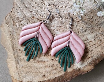 Handmade Rose Gold Leaf Dangle Earrings: Green Polymer Clay