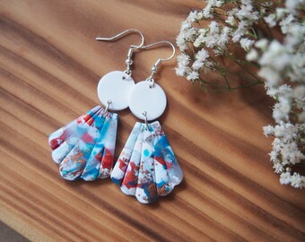 Hand Sculpted Polymer Clay Dangle Earrings: Turquoise Shell, Silver Plated
