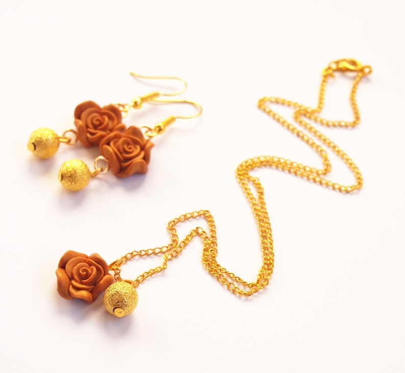 Gold Rose Jewelry jewelry set gold rose earrings gold rose necklace rose pendant gold earrings flower earrings polymer clay jewelry