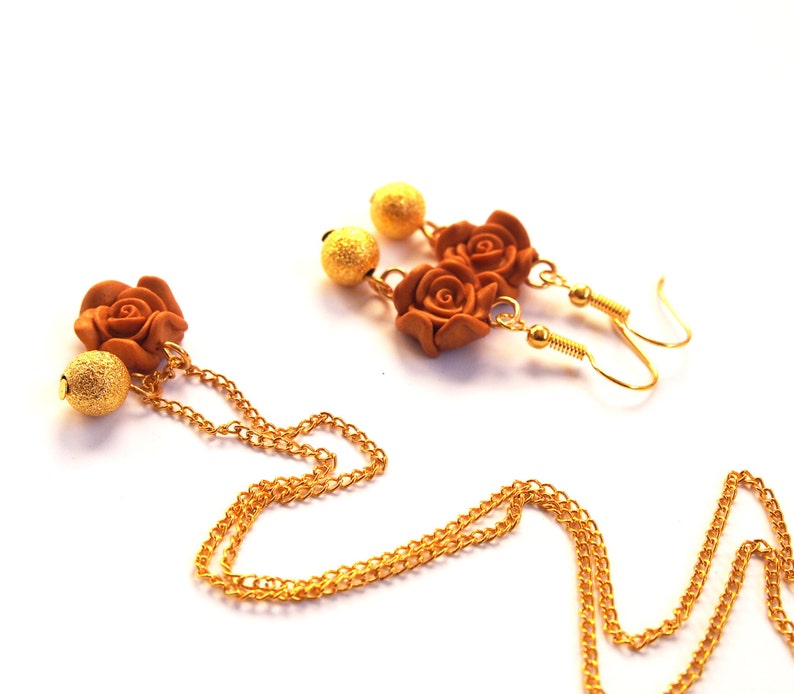 Gold Rose Jewelry jewelry set gold rose earrings gold rose necklace rose pendant gold earrings flower earrings polymer clay jewelry