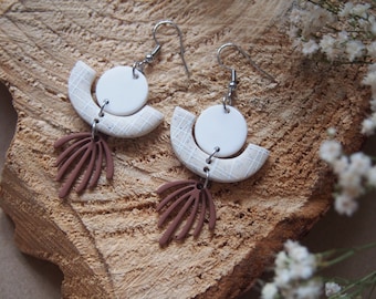 Earthy Beige Leaf Earrings: Handmade Polymer Clay Dangle Earrings