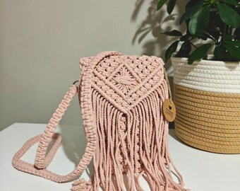Pink Macrame Mini Bag Handmade Macrame with Fringe | Boho Cotton Shoulder Bag | Natural Woven Festival Purse
