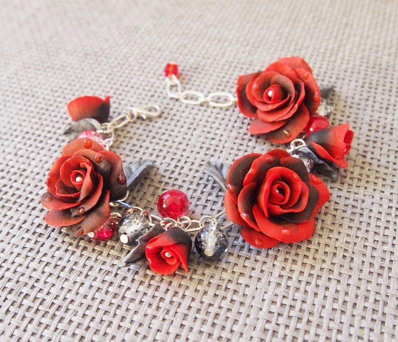 Red Rose Bracelet red and black rose charm bracelet silver leaves polymer clay bracelet handmade bracelet bridesmaid bracelet gift for her