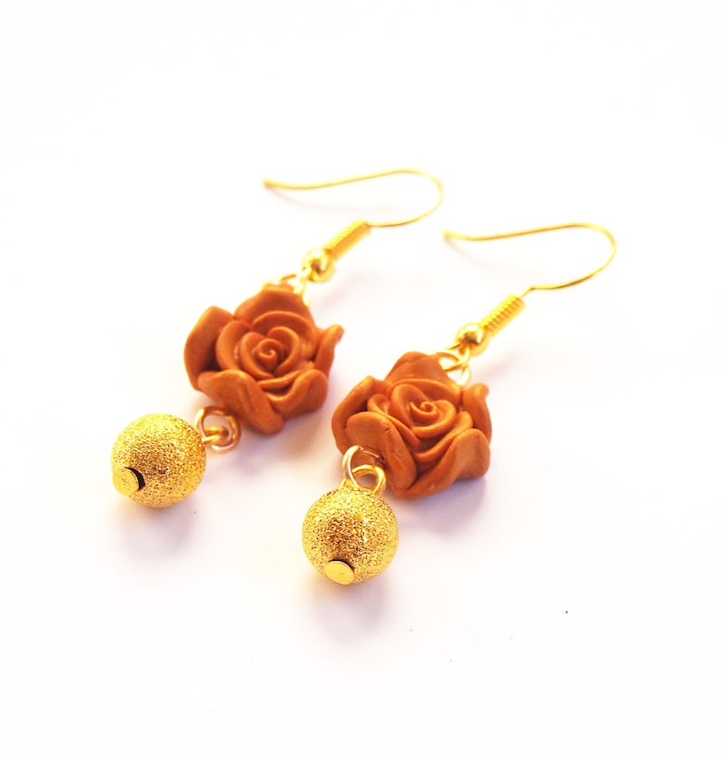 Gold Rose Jewelry jewelry set gold rose earrings gold rose necklace rose pendant gold earrings flower earrings polymer clay jewelry