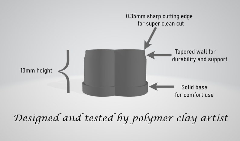 May include: A pair of gray polymer clay sculpting tools with a 0.35mm sharp cutting edge, a tapered wall for durability and support, and a solid base for comfort use. The tools are 10mm in height. Designed and tested by polymer clay artist.