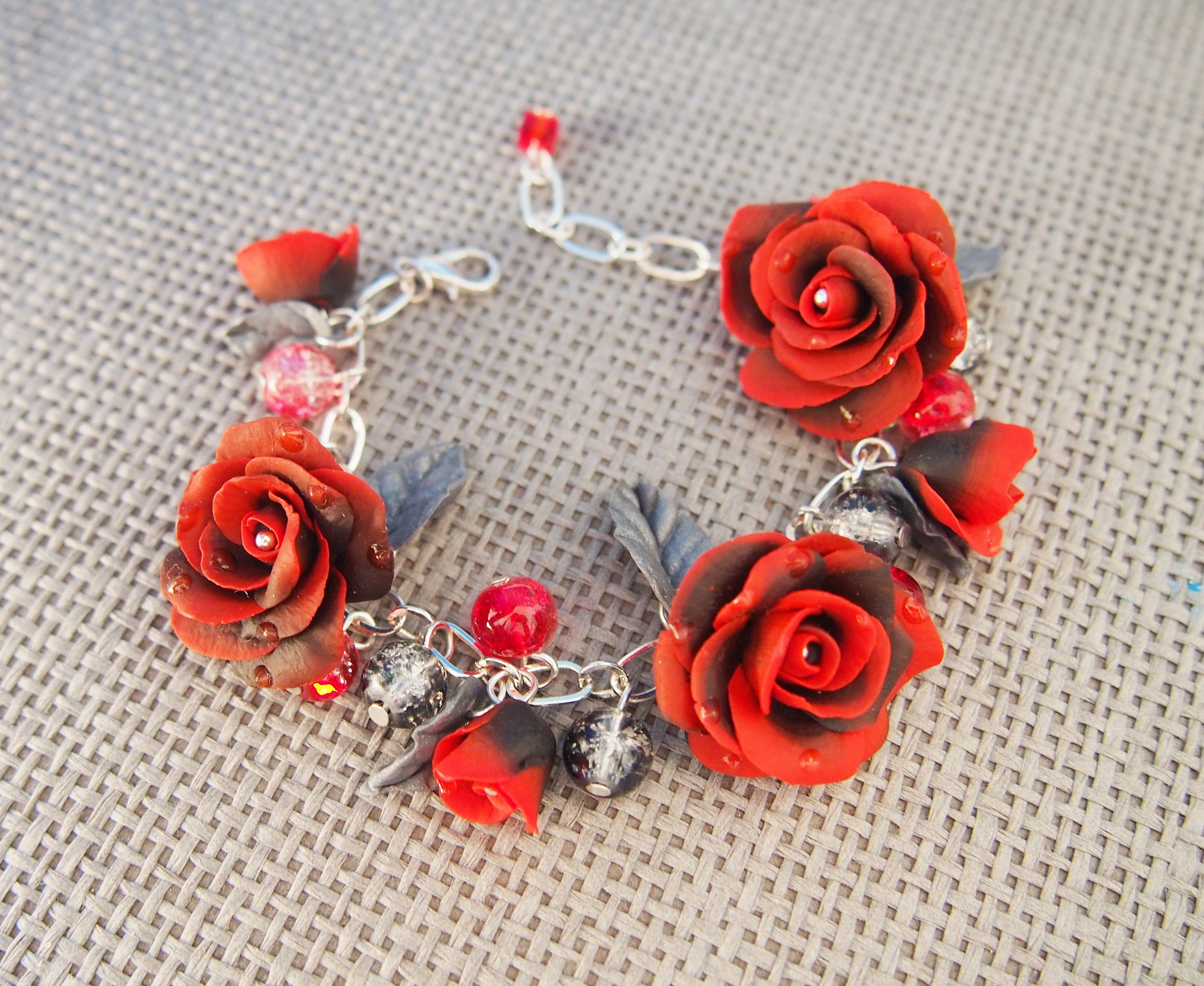 Red Rose Bracelet red and black rose charm bracelet silver | Etsy