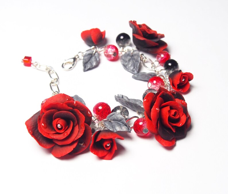 Red Rose Bracelet red and black rose charm bracelet silver | Etsy