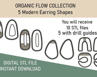 Polymer Clay Cutter STL | 5 Modern Earring Shapes | Organic Flow Collection | Arch, Pebble & C Shape | Drill Guide | Digital Download