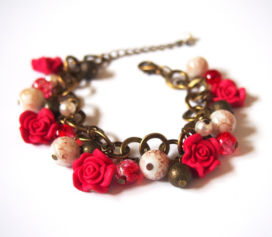 Red Rose Bracelet Charm Bracelet Bronze Bracelet Rose Etsy