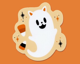 Candy Corn Ghost Cat - Vinyl Die-Cut Stickers - 3" - Halloween - Vintage - Spooky - Cute