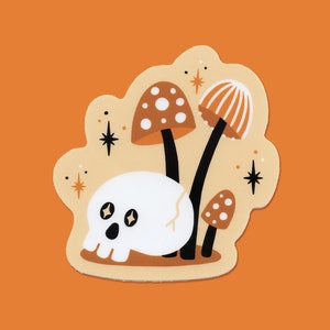 Mini setas y calaveras - pegatinas troqueladas de vinilo - 3" - Halloween - Vintage - Espeluznante - Lindo - Esqueleto - Hongos - Cabaña - Otoño - Brujería