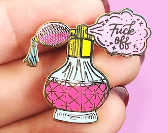 Eau de No F Off Perfume Enamel Pin – Victorian Pink Floral Atomizer